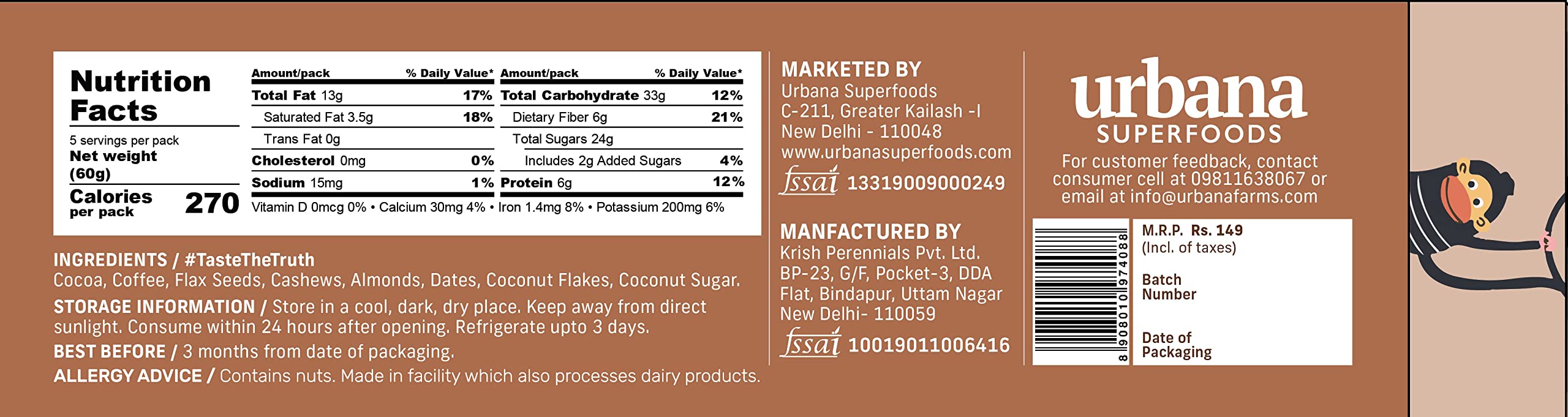 Urbana Superfoods Truepops Energy Balls | Healthy Vegan Snack | Coffee Cocoa Flavor | Gluten Free, Keto Friendly | Natural Superfood Bites | 240g (4 x 60g) — Amazon image 8
