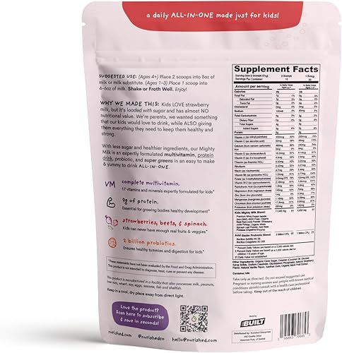 Miniatura 2 de Mighty Strawberry Milk - Proteína diaria todo en uno para niños en polvo y multivitamínico potenciado con 2 mil millones de probióticos y espinacas