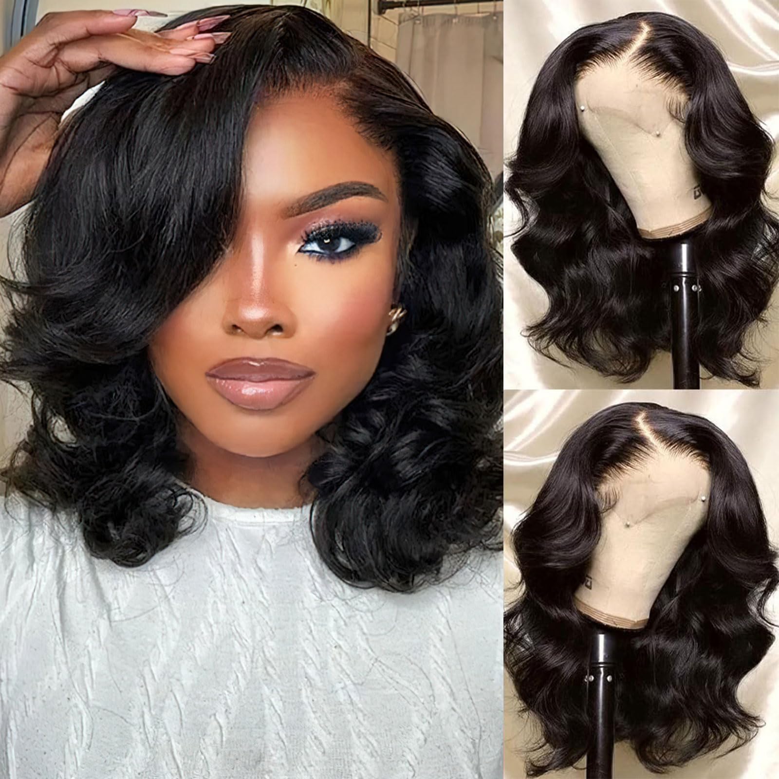 MOOTAFUL Bob Wig Human Hair 13x4 HD Lace Front Wigs Human Hair Pre Plucked 200% Density Glueless Short Body Wave Bob Wigs for Black Women with Baby