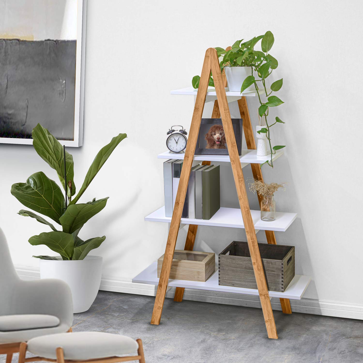 House of Living Art AFrame Ladder Shelf with 4Tiers of Storage, White