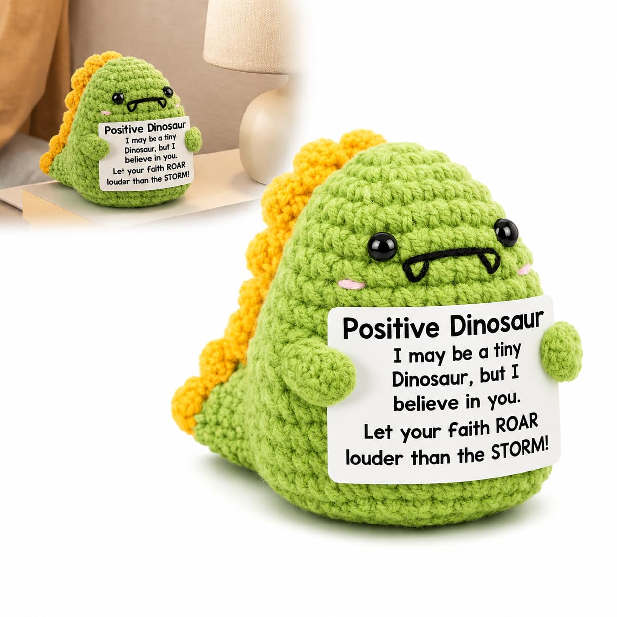 CAYLEKI Hand-Crocheted Positivity Dinosaur Plushie with Inspirational Card - Soft Yarn Good Luck Charm for Emotional Support, Desk Decor & Portable Gift, Comforting Textured Figurine for Backpack,