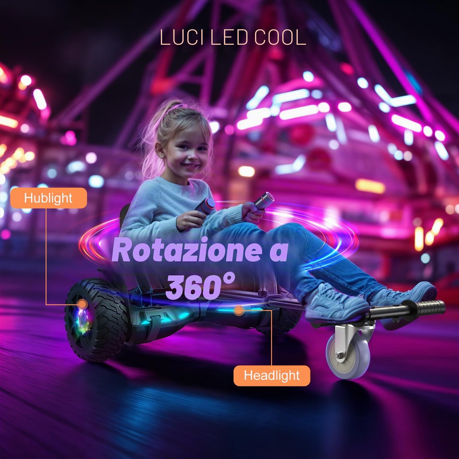 Scooter con seduta, 8,5" Hoverboard Go Kart Combo con luci LED colorate e Bluetooth, per bambini ragazzi ragazze adulti di tutte le età