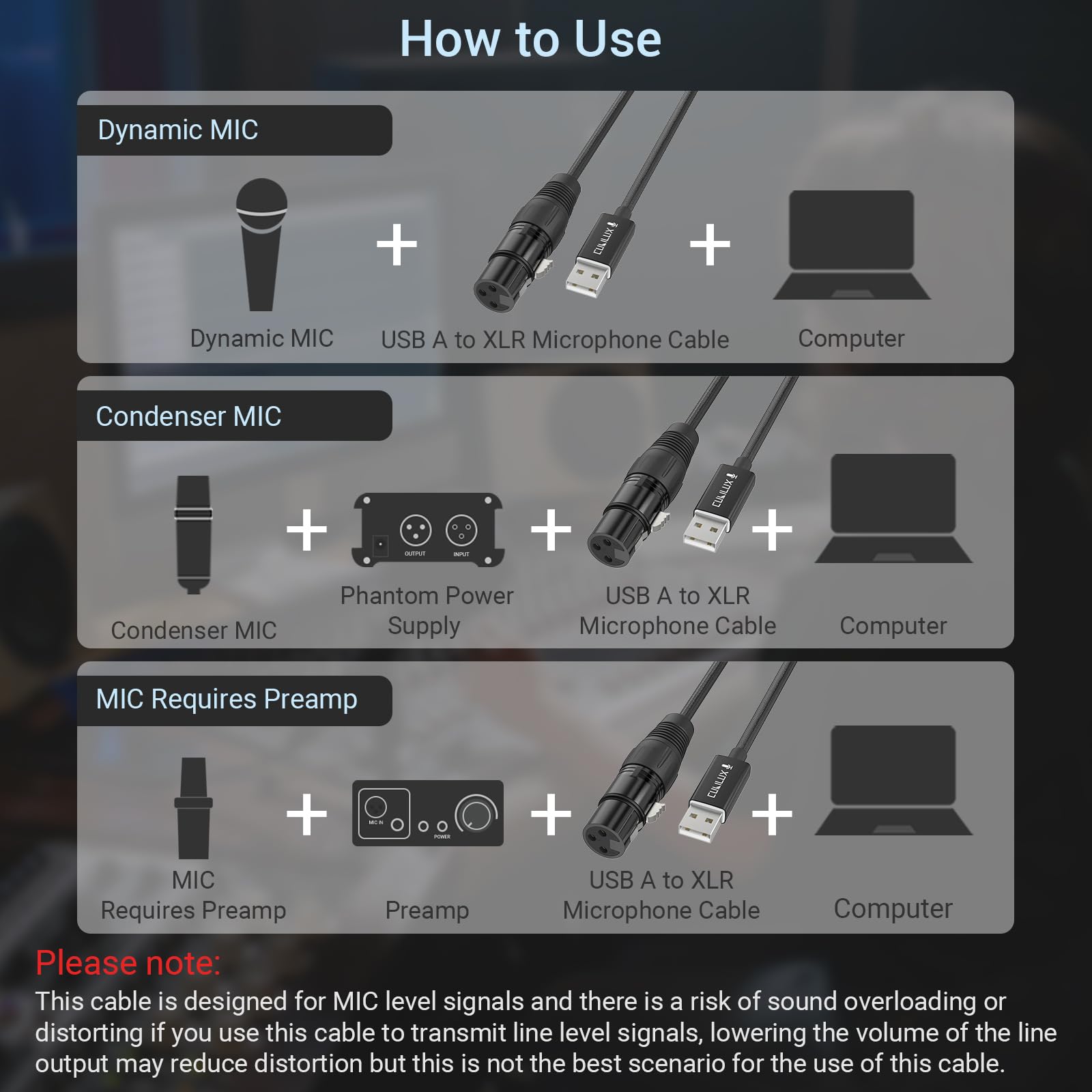 Cubilux USB A to XLR Microphone Cable, USB to XLR Female MIC Cord Compatible with Laptop, Computer, PC, 6.6 FT - Image 3