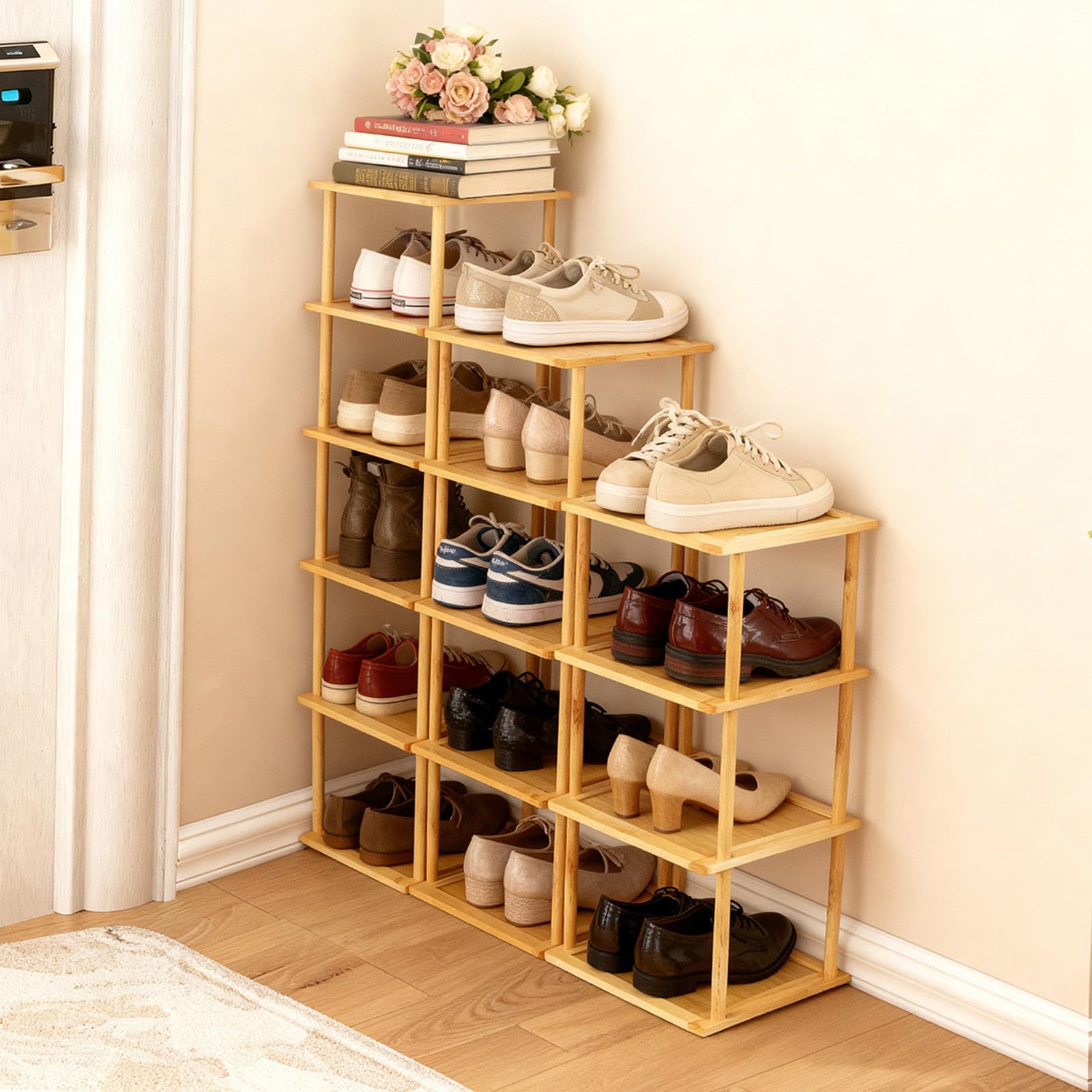 Aniston 4-poziomowy bambusowy stojak na buty, wolnostojący, wąski, pionowy, wysoki organizer na buty, do garażu, szafy, drzwi, narożnika, salonu, małych przestrzeni (4 Tier)