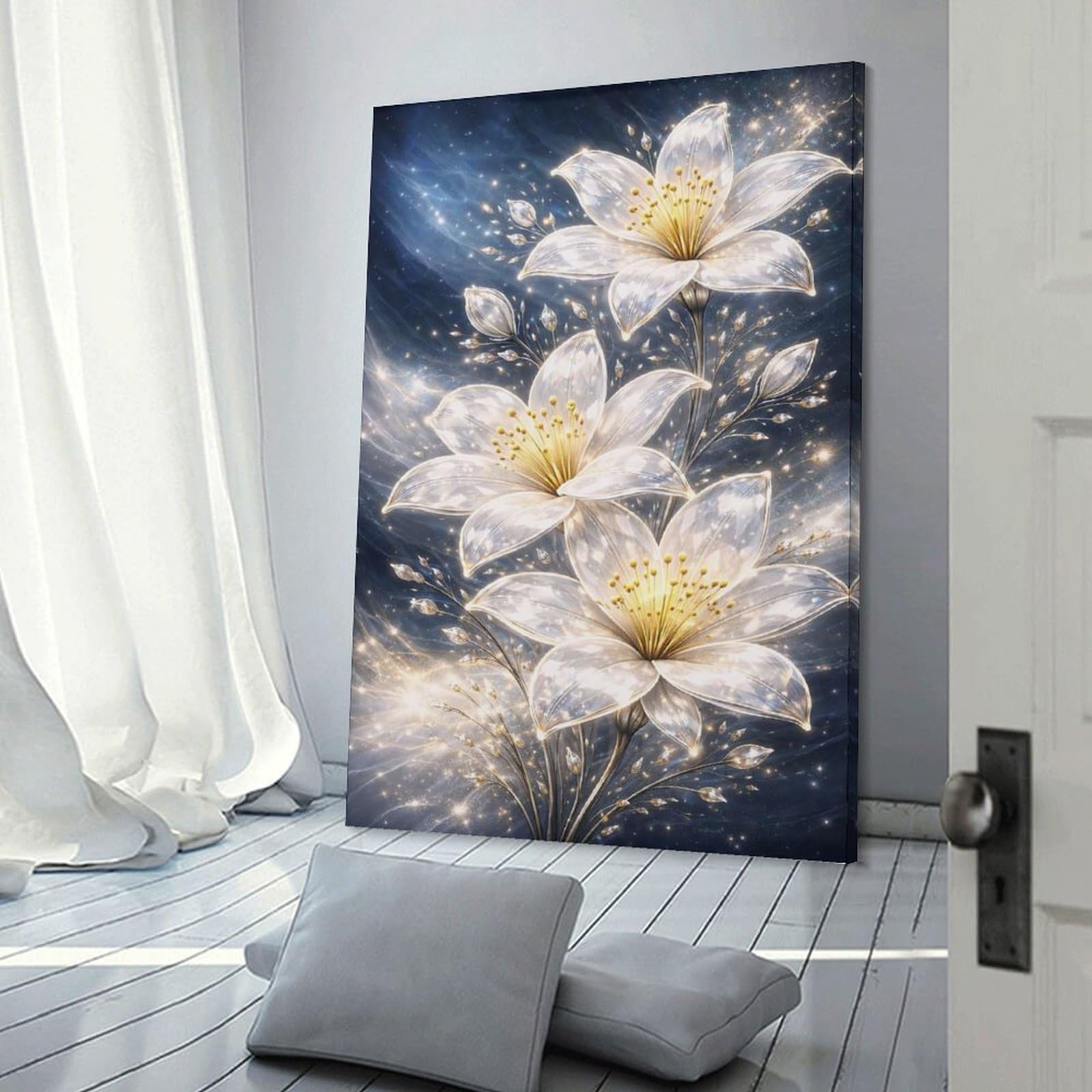 Junmoney Decorative Wall Artwork Sparkling White Lilies in Cosmic, 24x36inch(60x90cm), for Calm Bedrooms, Home Corners Or Flats, An Easy Wall Refresh for Bedrooms