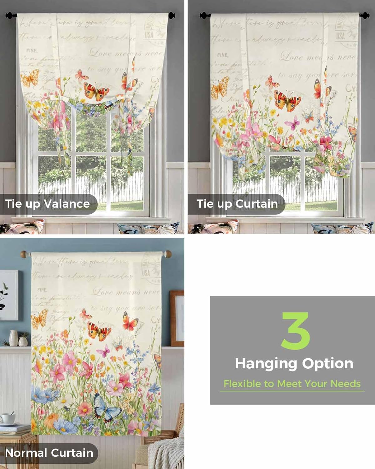 Spring Floral Tie Up Curtains for Windows 63 Inch Length Balloon Curtains Kitchen Adjustable Balloon Window Shade Farmhosue Watercolor Country Butterfly Beige Tie Up Bathroom Curtain Window 52"x63"