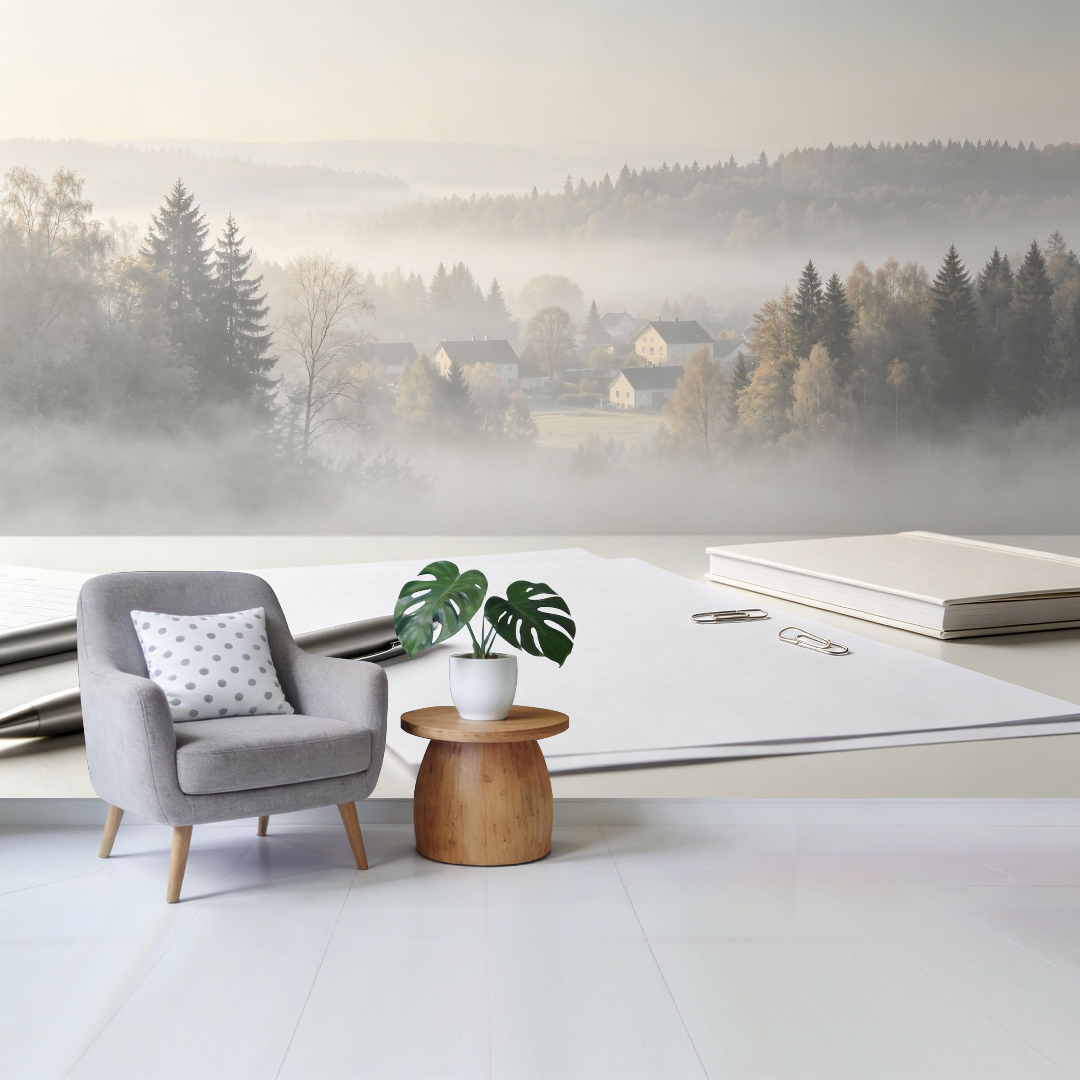 Qzlithotic Yq2605250908 Custom Size Wall Mural Misty Forest Landscape Morning Fog Mountainside Village View Selfadhesive Wall Fabric Removable Wallpaper For Home Office Decor