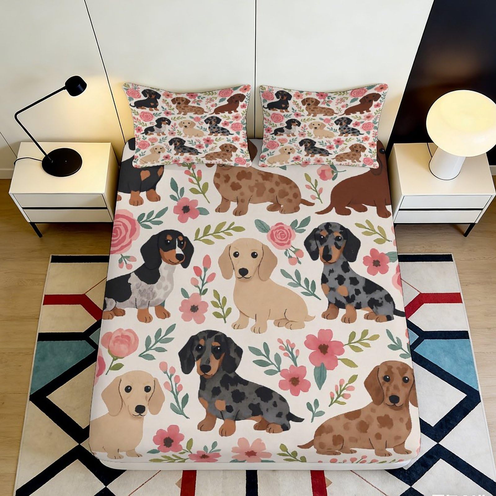 3D Printed Dachshund Dog Floral Fitted Sheet Microfiber Soft Mattress Cover for Bedroom Guest Room Dorm Decor 90x200x25cm