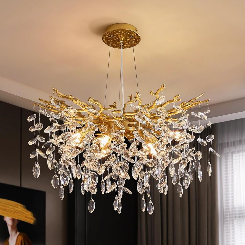 Leomix One Color Modern Tree Branch Crystal Chandelier Luxury Gold Crystal Pendant Lighting Round 60Cm Contemporary 8-Light Chandeliers For Dining Room Kitchen Bedroom Living Room