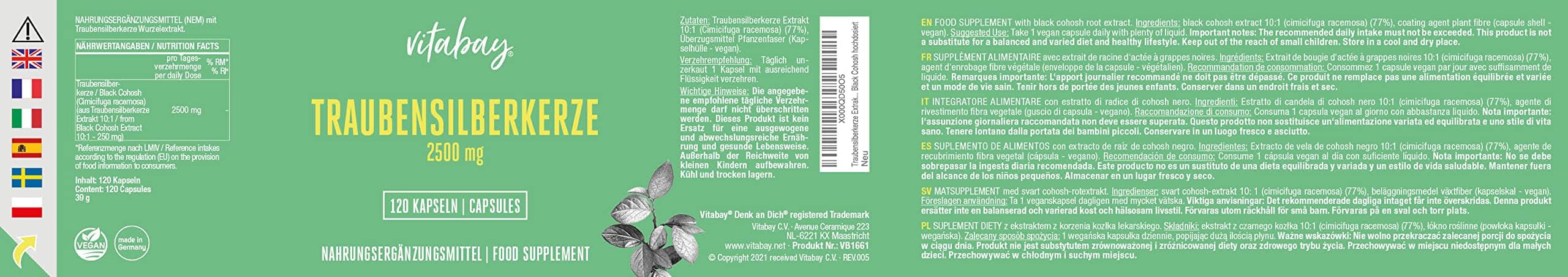 Vitabay Cimicifuga Racemosa 2.500 mg – 120 capsule vegane – Estratto di Cimicifuga racemosa (Black Cohosh) – estratto concentrato 5:1 di rizoma – testato in laboratorio in Germania – scorta 4 mesi