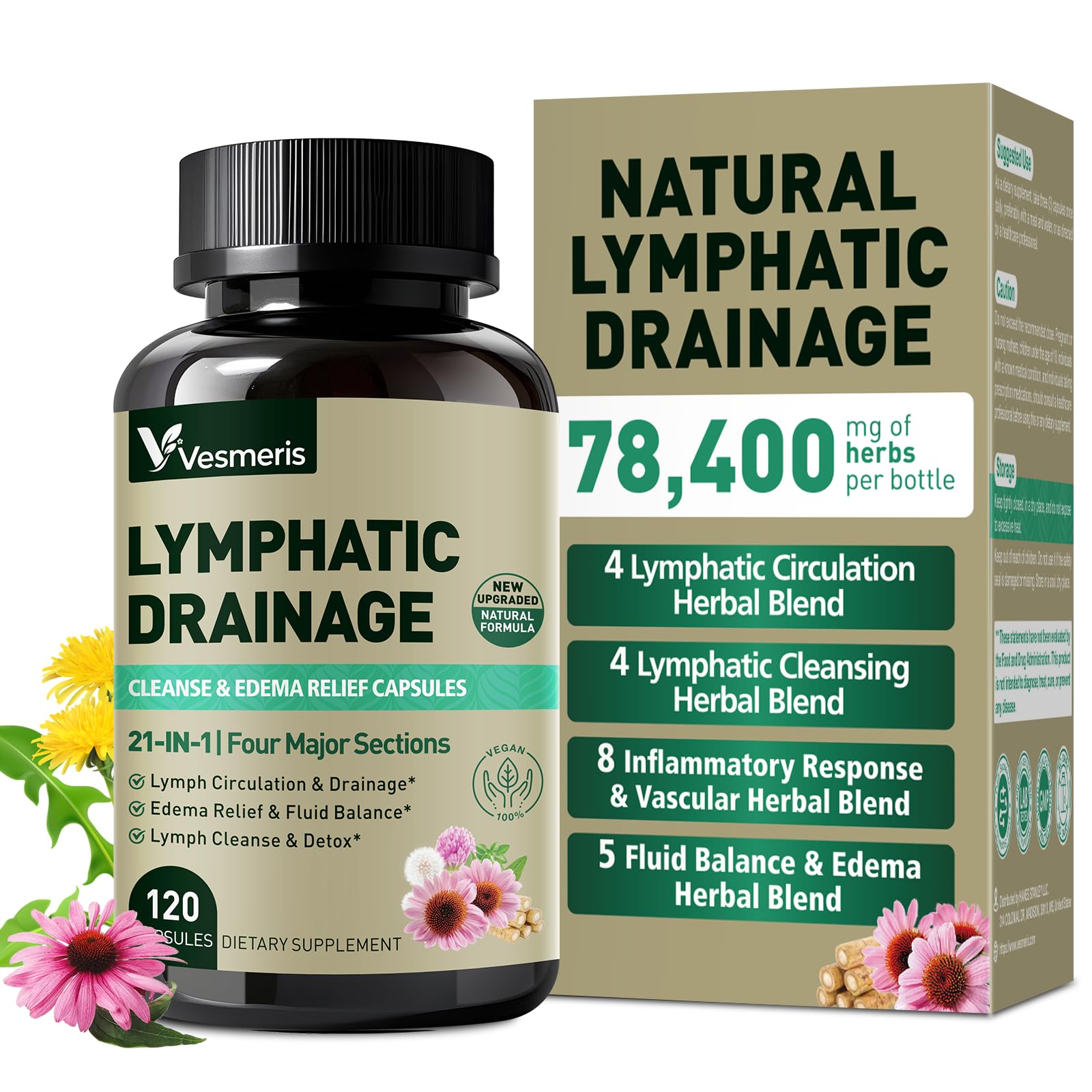 21-in-1 Lymphatic Drainage Supplements – Lymphatic Drainage Support for Immune Health & Fluid Balance, Natural Herbal Blend with Echinacea, Burdock, Bromelain & More, 120 Capsules