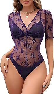 Giorzio Mesh Bodysuit for Women V Neck 3/4 Long Sleeve Body Suits Sexy Sheer Tops Lace Leotard Jumpsuit Snap Crotch Clubwear