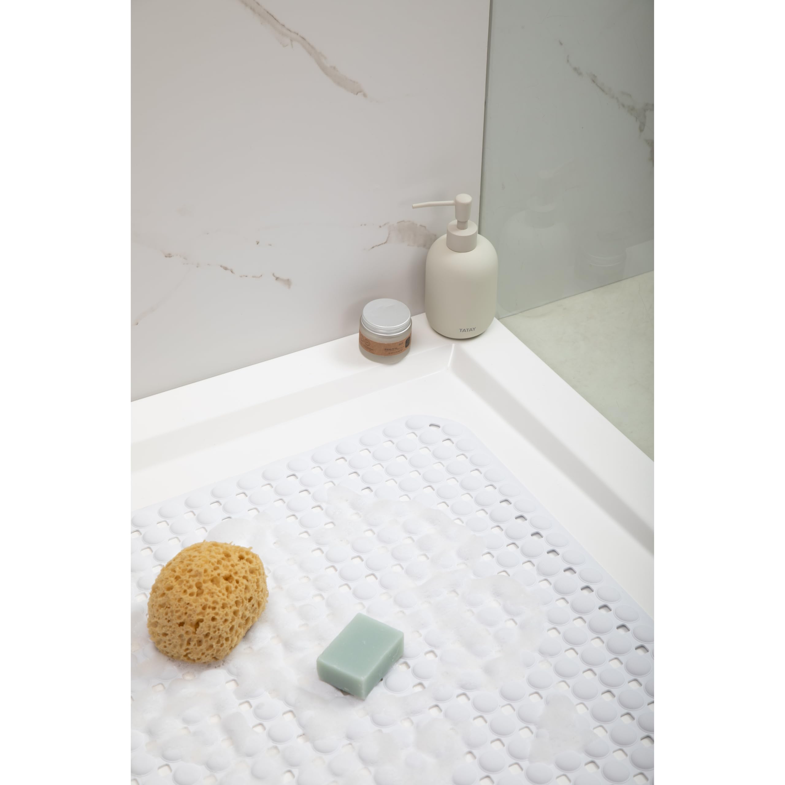 TATAY Alfombra Bañera Antideslizante | 50% Material Reciclado | Ventosas de Alta Sujeción y Sensación Placentera Durabilidad | Tacto Suave y Cómodo | 54 x 54 cm - Blanco
