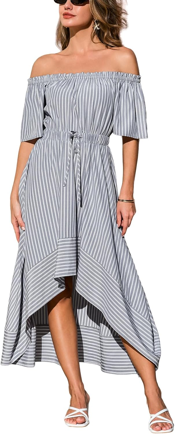 CUPSHE Women's Summer Dresses Striped Off Shoulder Tie Waist Short Sleeve Ruffle Beach Vacation Flowy Maxi Dress