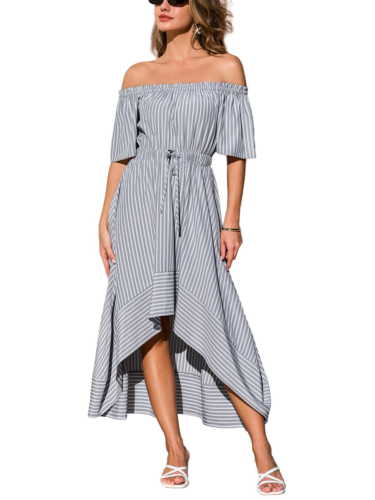 CUPSHE Damen Sommerkleid Midikleid Gestreift Schulterfrei Kurzarm Bindegürtel Volant Fließend Strandkleid Urlaubskleid Freizeitkleid