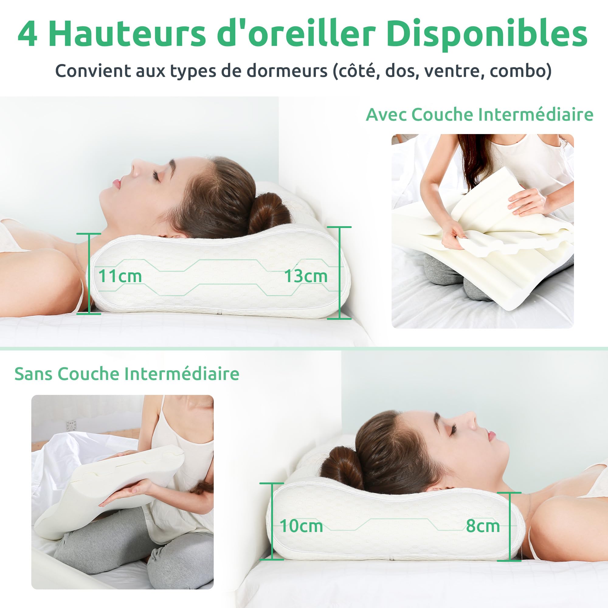 UTTU Oreiller en Mousse à Mémoire de Forme, Oreiller de Literie Ergonomique, Réglable en Hauteur, Confort Respirant, Housse Lavable en Bambou 60x35x13/11 cm