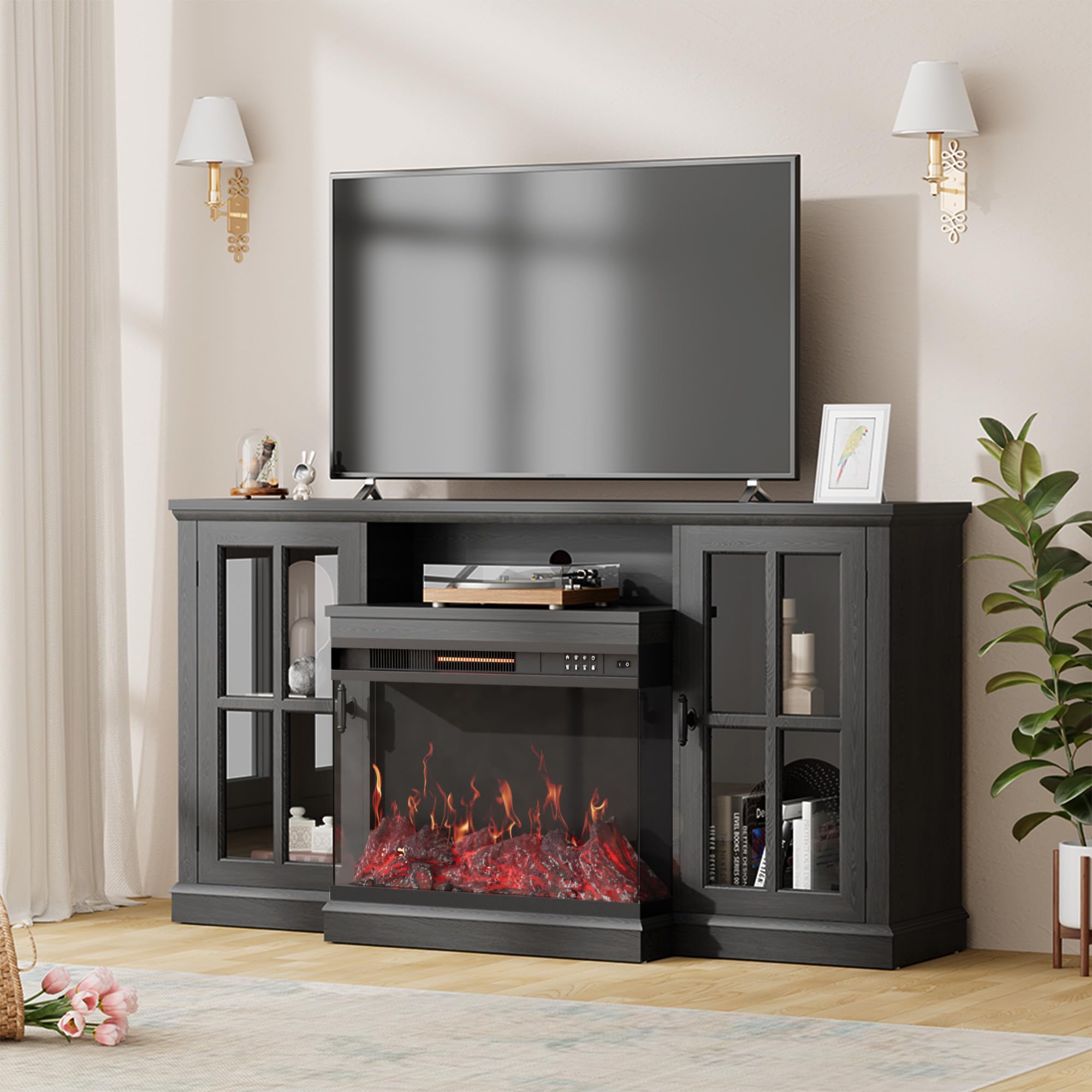 Furniwell Electric Fireplace TV Stand for TVs up to 65’’, Farmhouse Media Entertainment Center with 3-Sided Glass Fireplace, TV Console with Door Storage Cabinet for Living Room (Black)