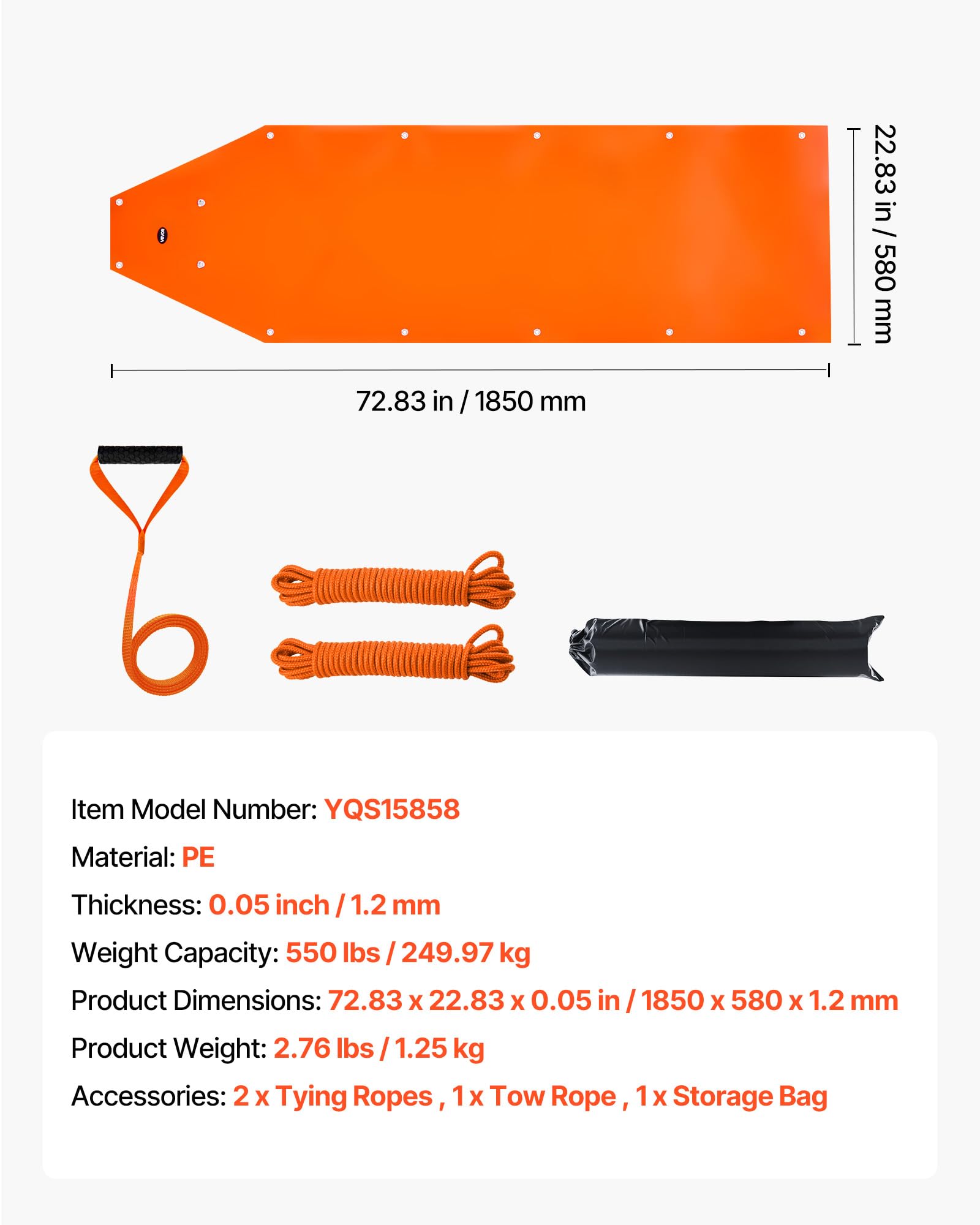 VEVOR Slitta per Trascinamento per Caccia 1850 x 580 mm Slitta per Trasporto per Cervi da 249,97 kg con Corde e Maniglia, Trasporto di Selvaggina Ispessito per Legna da Ardere e Pesca sul Ghiaccio