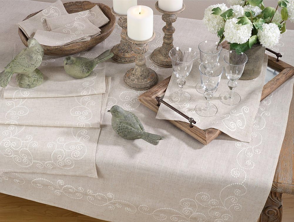 Fennco Styles Embroidered Swirl Design Linen Blend Tablecloth 67 x 120 Inch - Natural Table Cover for Home Décor, Banquets, Family Gathering and Special Events