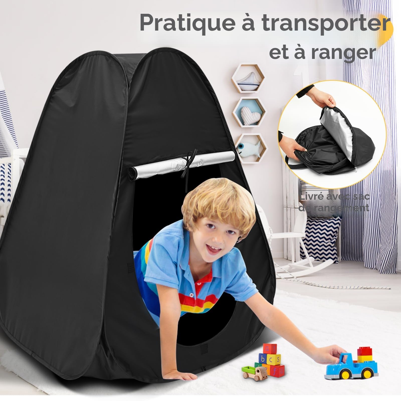 Tente sensorielle pop-up noire pour autisme anxiété SPD voyage maison école