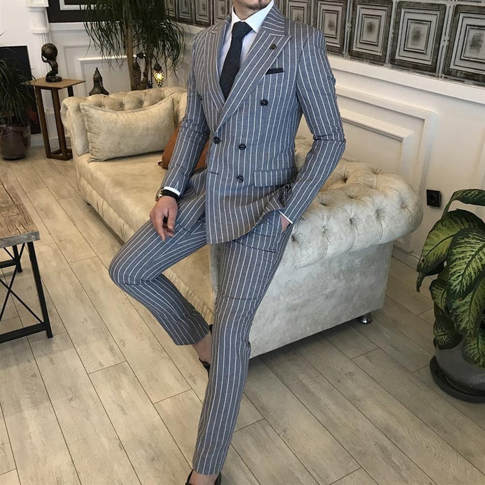 Uomo Stripe Due Pezzi Vestito Doppio Petto Bottoni Giacca e Pantaloni per la Cena