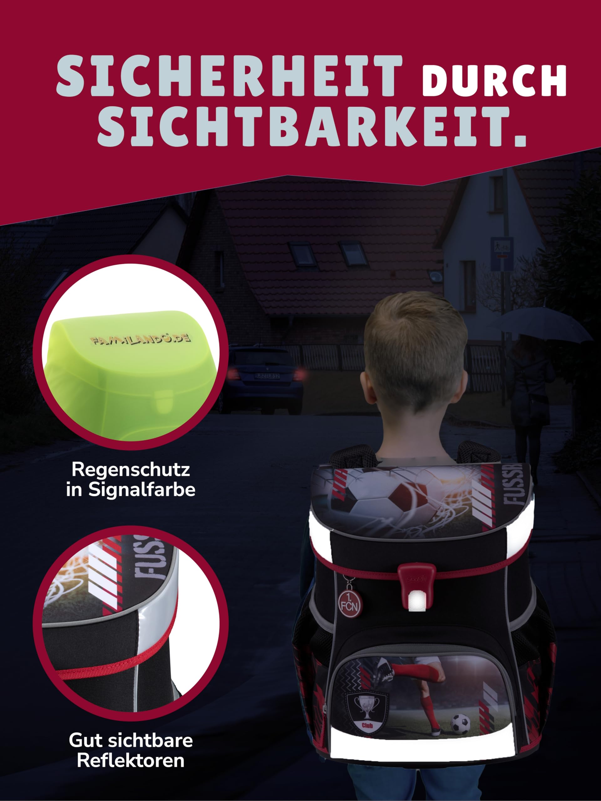 Familando - Scooli Campus Fit Schulranzen Set - 9-teilig mit Sporttasche - 1. FC Nürnberg (1. FCN) - Für Fußball Fans - Ergonomisch & 980g leicht - 18L Volumen - Brustgurt & Reflektoren - ab 1. Klasse