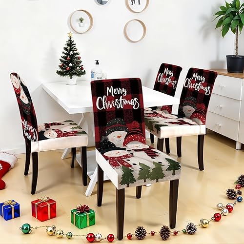 Miniatura 3 de Juego de 4 fundas para sillas de comedor de Navidad, fundas elásticas para sillas de comedor con diseño de muñeco de nieve y pino, protector de