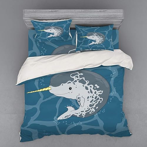 Ambesonne Narwhal Duvet Cover Set, Happy Arctic Ocean Whale Horn Swimming in The Sea Cartoon Style Animal Drawing, 4 Piece Bedding Set with Shams