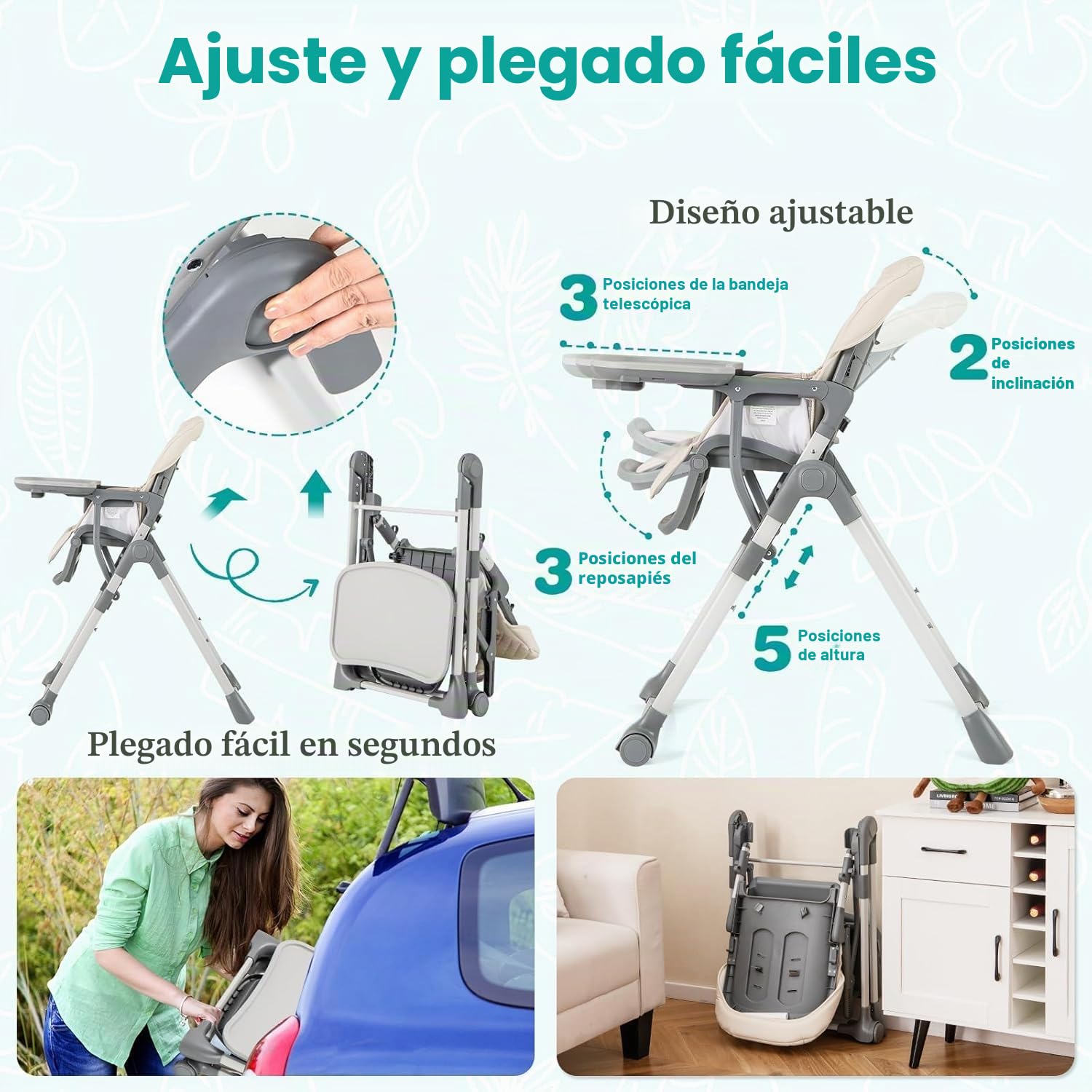 LIFEZEAL Trona Plegable para Bebé 6 a 36 Meses con Asiento Infantil Ajustable 5 Alturas 2 Posiciones de Reclinado Bandeja de 3 Niveles Portátil con 2 Ruedas Color Beige Gris (Beige)