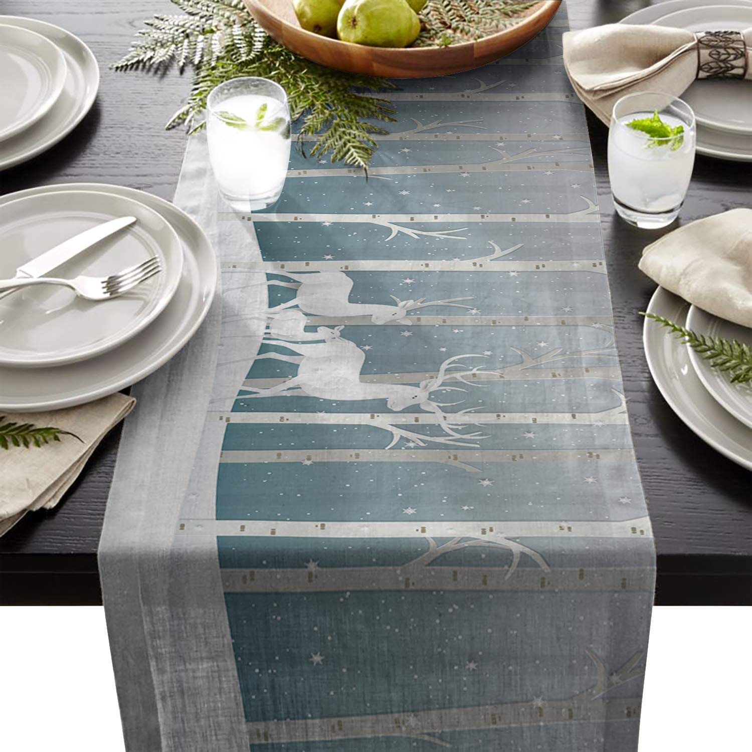 FAMILYDECOR Linen Burlap Table Runner Dresser Scarves, Christmas Theme Winter Forest Deer Kitchen Table Runners for Dinner...