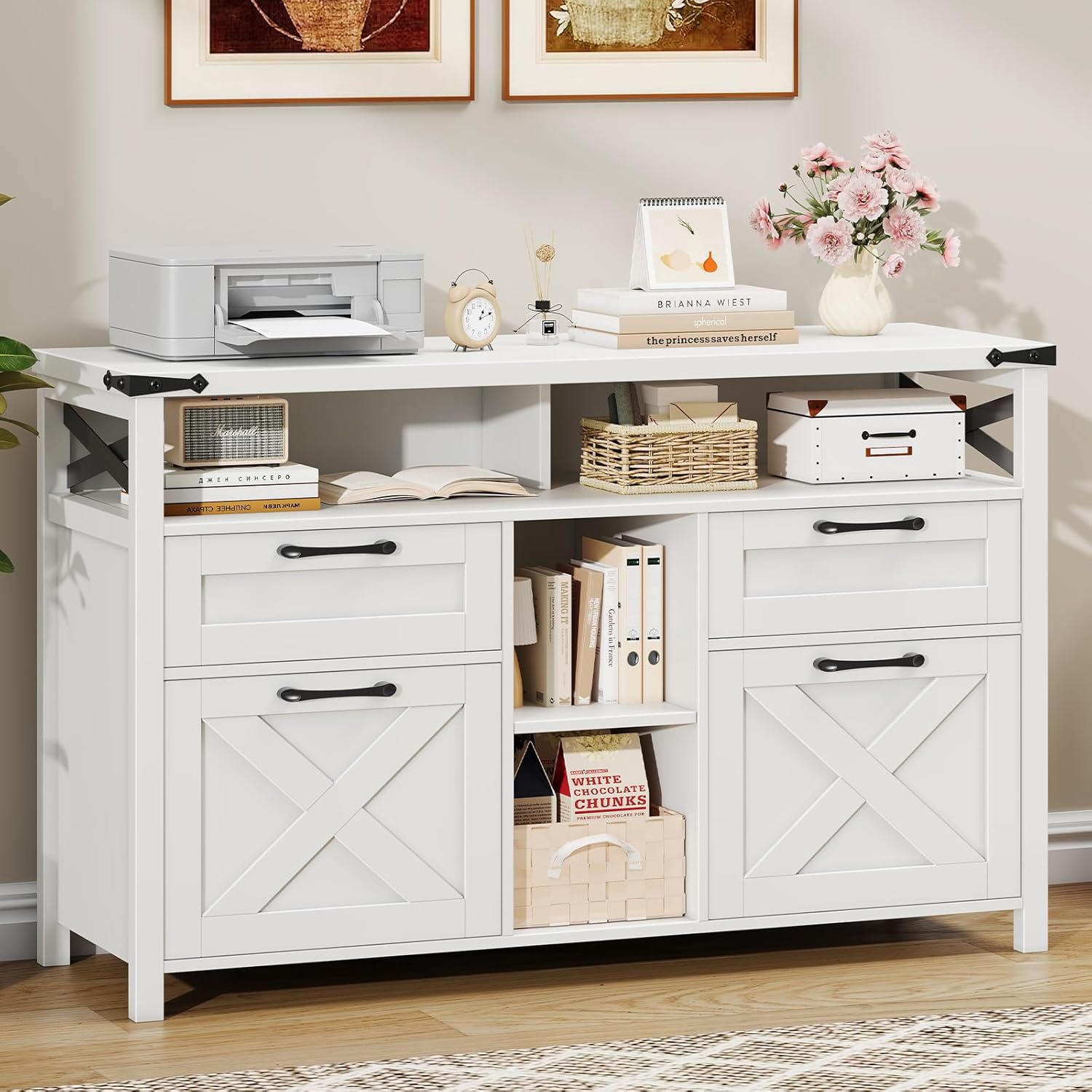 Filing Organization Storage Cabinets 4 Drawer with Adjustable Shelf, Lateral Filing Cabinet with Open Storage Shelf for Home Office, Farmhouse File Cabinets for Hanging Files Letter/A4.(White)