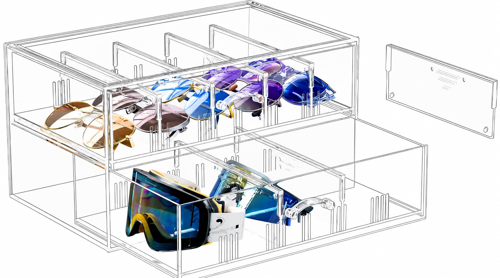 Clear Acrylic Sunglasses Organizer with Drawer, Transparent Sunglass Eyeglass Eye Wear Display Storage Box with Removable Dividers for Multiple Glasses -1 Pack, Clear-image-8