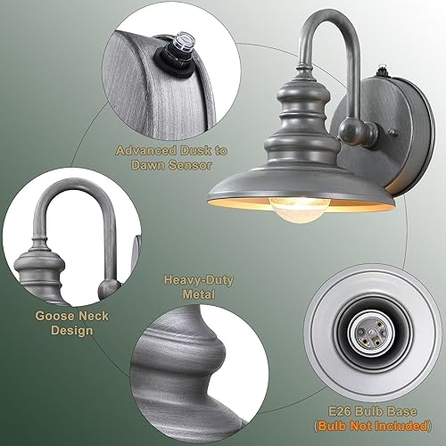 Miniatura 5 de LONEDRUID Sensor de anochecer a amanecer, aplique de pared exterior con cuello de cisne para exteriores, lámpara de pared exterior rústica,