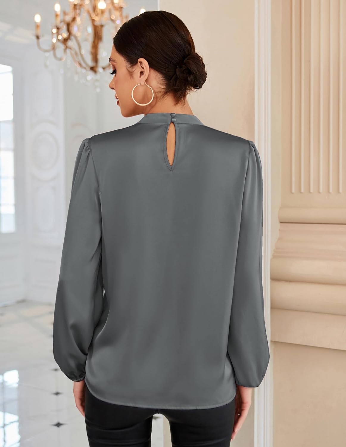 GRACE KARIN Women's Long Sleeve Satin Blouse,Mock Neck Work Silk Shirts,Dressy Tops for Business Casual Office - Image 3