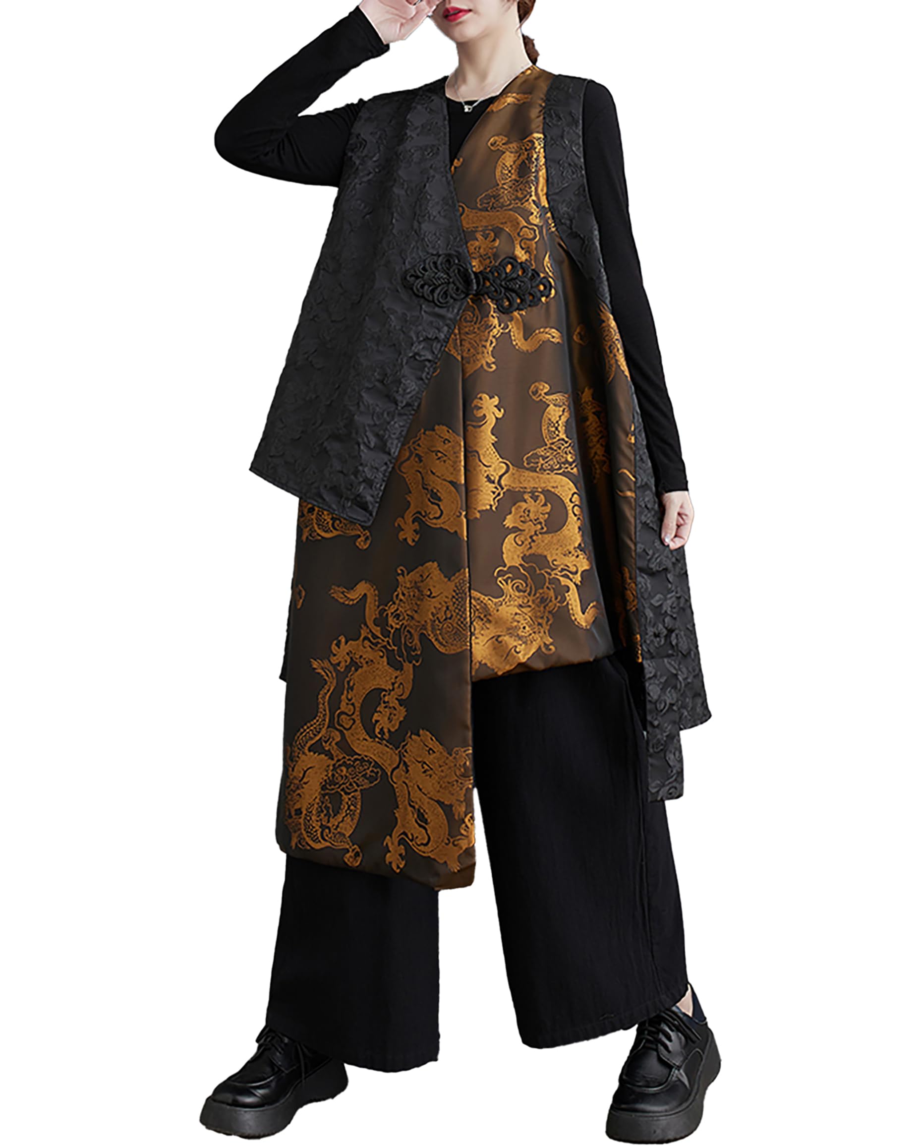 ellazhu Womens Outerwear V-Neck Sleeveless Black and Golden Dragon Pattern Oversize Loose GZ241 A