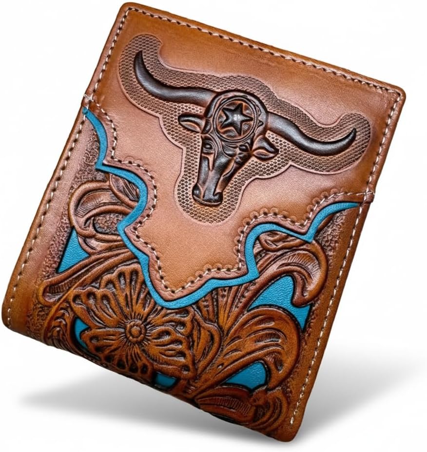 Men’s Short Leather Wallet – Embossed Longhorn Motif with Laser Cut Design – Western Cowboy Bifold Wallet for Ranchers, Cattlemen & Rodeo Gift Ideas