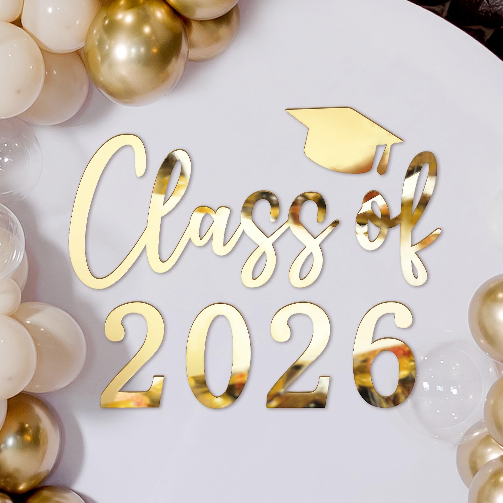 Photo 1 of Class of 2026 Sign for Backdrop Gold Acrylic Mirror Decal Letter Sticker Graduation Decor for Grad Party, Congrats Grade 2026 Grad Party Graduation Event Planner Vinyl Decal