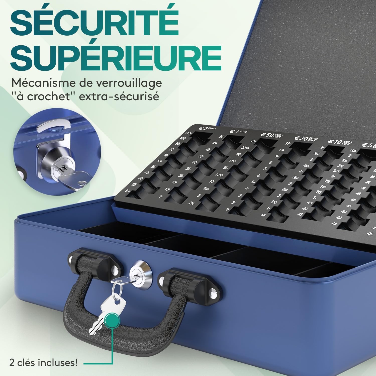 ACROPAQ Caisse monnaie grande professionelle avec monnayeur et 2 clés, Bleu
