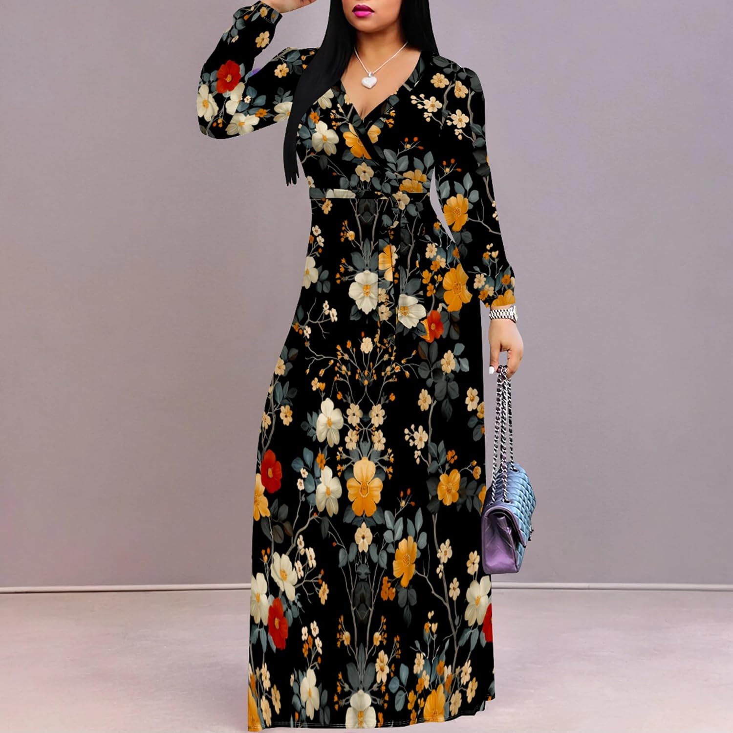 Plus Size Maxi Dresses for Women Floral Print Flowy V Neck Long Puff Sleeve with Belt - Image 5