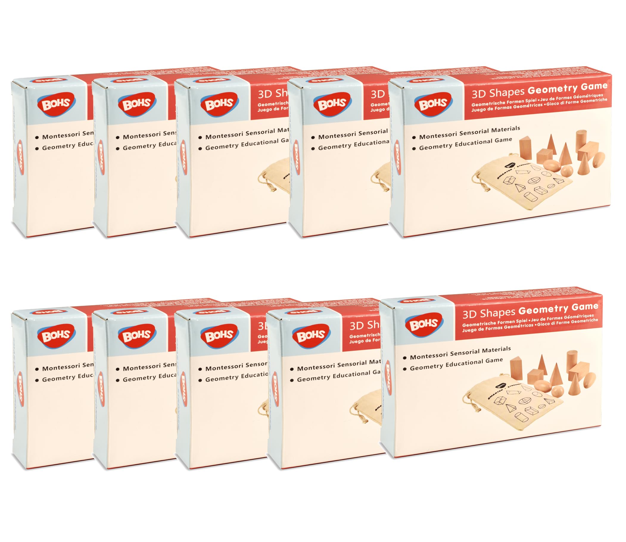 BOHS 3D-Formen-Ratespiel – Kofferpackung mit 10 Boxen – solide Figuren-Geometrie-Miniatur-Set in Mystery-Tasche – Montessori-Holzspielzeug – ab 3 Jahren