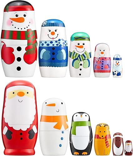Muñecas anidables de Navidad, 2 juegos de muñecas rusas de madera, hechas a mano, lindas muñecas Matryoshka, muñecos de Navidad, muñeco de nieve,