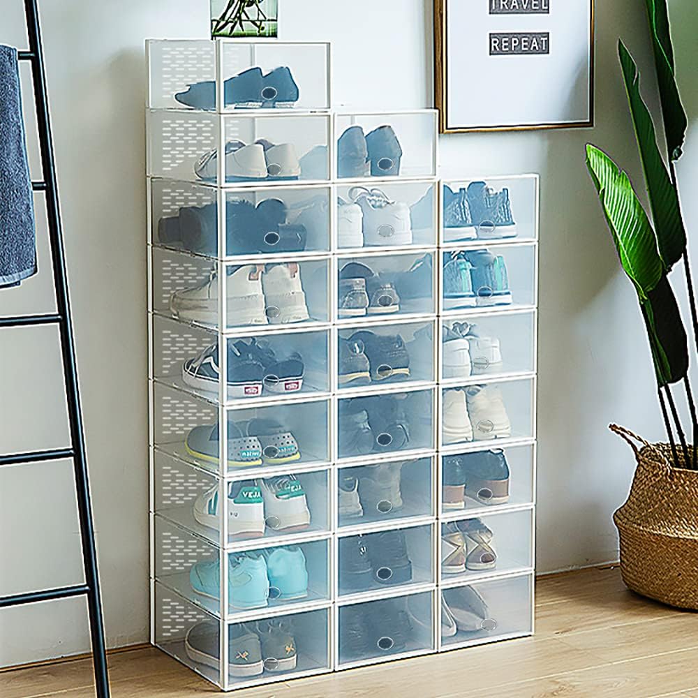 8 Pack Stackable Shoe Storage Boxes, Plastic Stackable Shoe Organizer