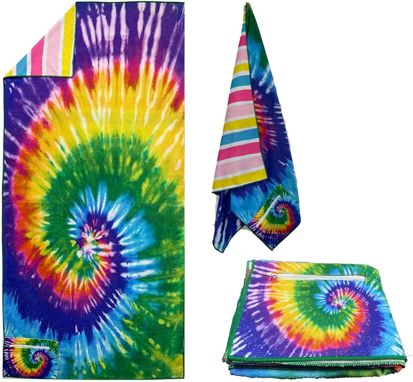 Microfiber Quick Dry Beach Towel with Zipper Pocket, Super Soft Two Sides Printing Travel Pool Towel, Personalized Sand Free Beach Towels for Womens Mens (tie dye)