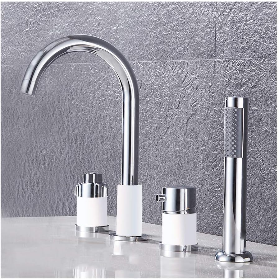 LUNEZY Thermostatic Tub Filler Faucet with Handheld Shower Head, Widespread Tub Faucet Set Deck Mount Bathtub Faucet 4 Holes Tub Tap for Bathroom,Gold