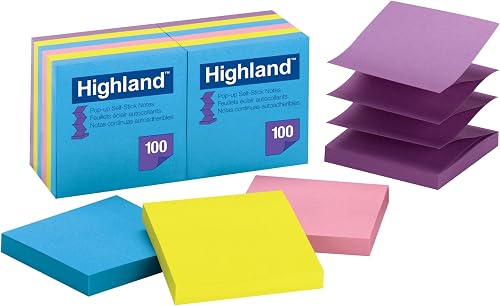 Highland Pop-up Sticky Notes, 3 x 3 Inches, Assorted Bright Colors, 12 Pack (6549-PUB)