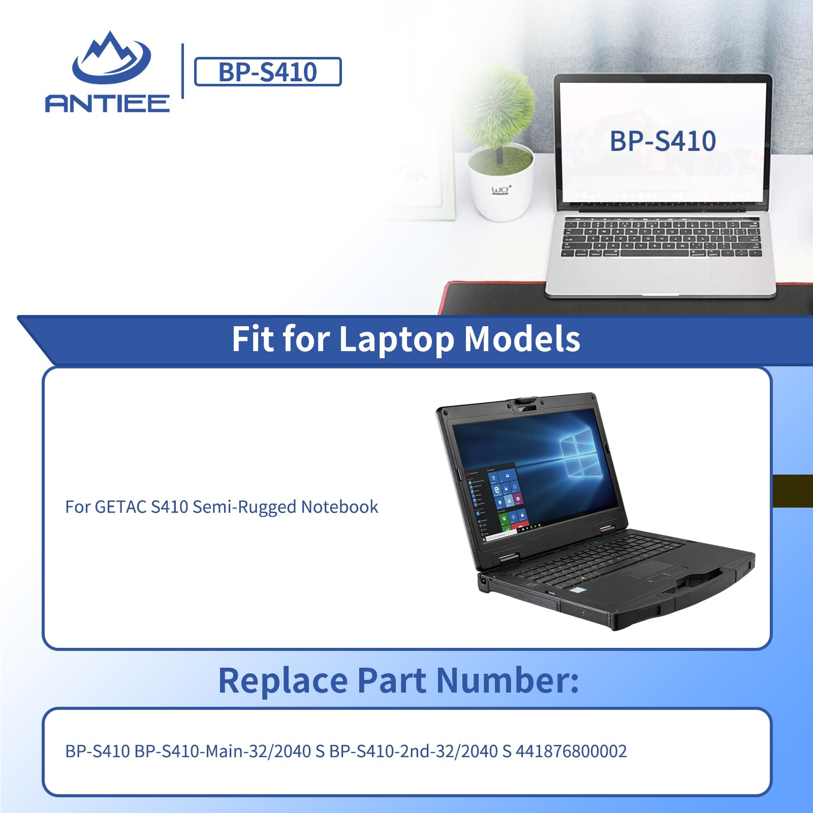 ANTIEE BP-S410 Notebook Akku GETAC S410 Industrie Robust Netbook Ersatz | 11,1V 46,6Wh, passend BP-S410-Main BP-S410-2nd 441876800002 robust Industrie Laptop Ersatzteil