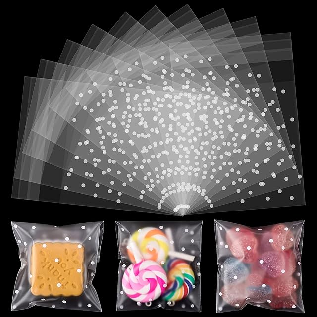 Aodaer 200 Pieces Self-adhesive Dot Opp Bags Polka Dot Cookie Bags Clear Opp Cellophane Bags for Food Biscuit Candy, 5.5 x 5.5 cm