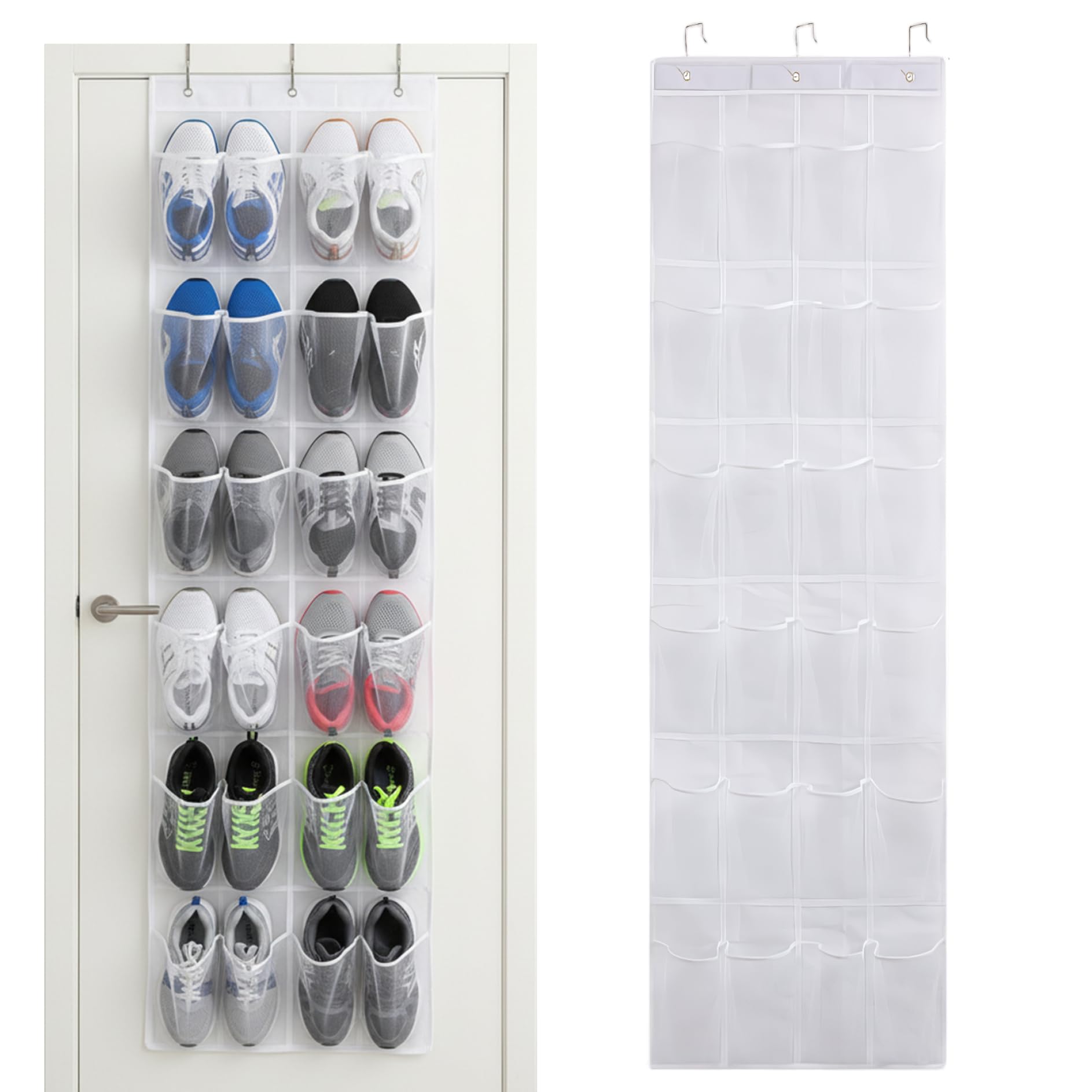 AwnsIMfreien Shoe Hanger for Door 24 Mesh Pocket over the Door Shoe Organizer Space Saving Hanging Storage Holder with Hooks 64x19 Inch White, Hanging Organizer