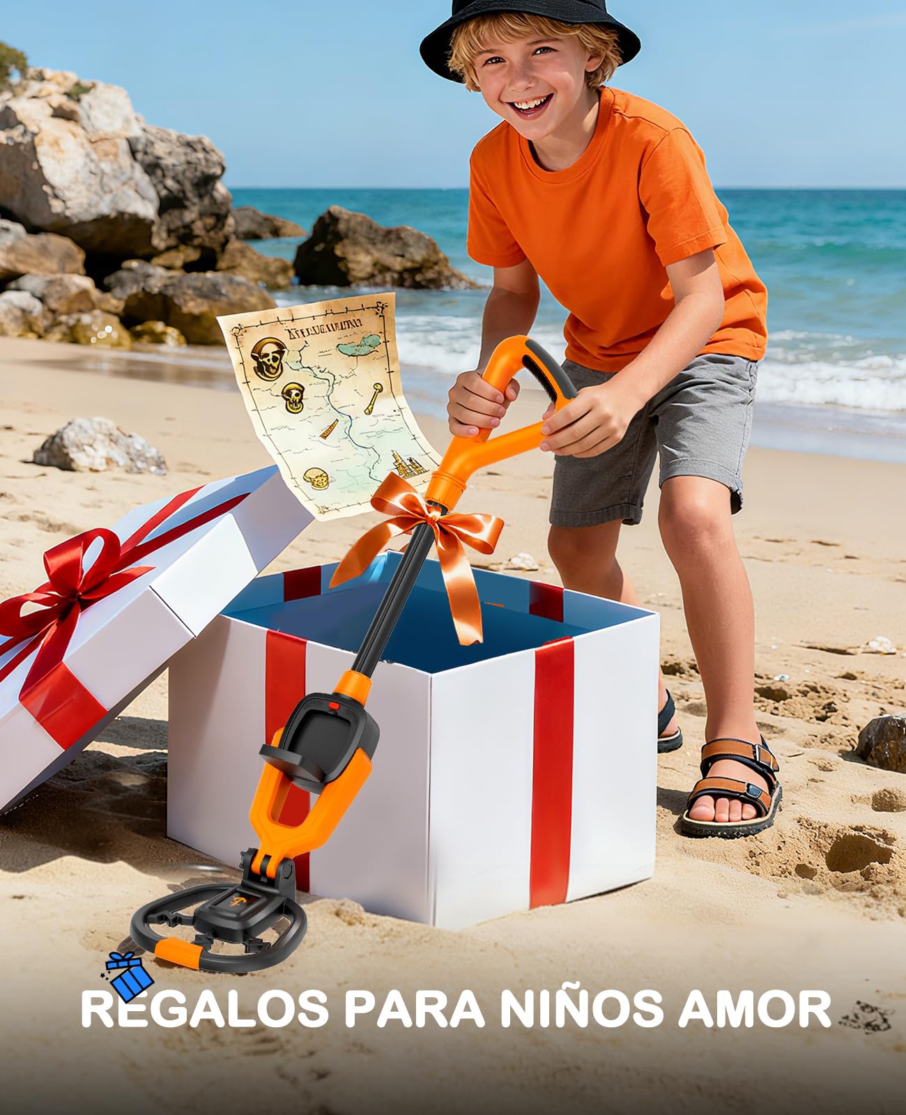 SUNPOW Detector de Metales para Niños,Vástago Ajustable (60-70 cm) | Kit Incluye Pala, Rastrillo y Bolsa - Regalo Ideal para Niños y Niñas de 6 a 12