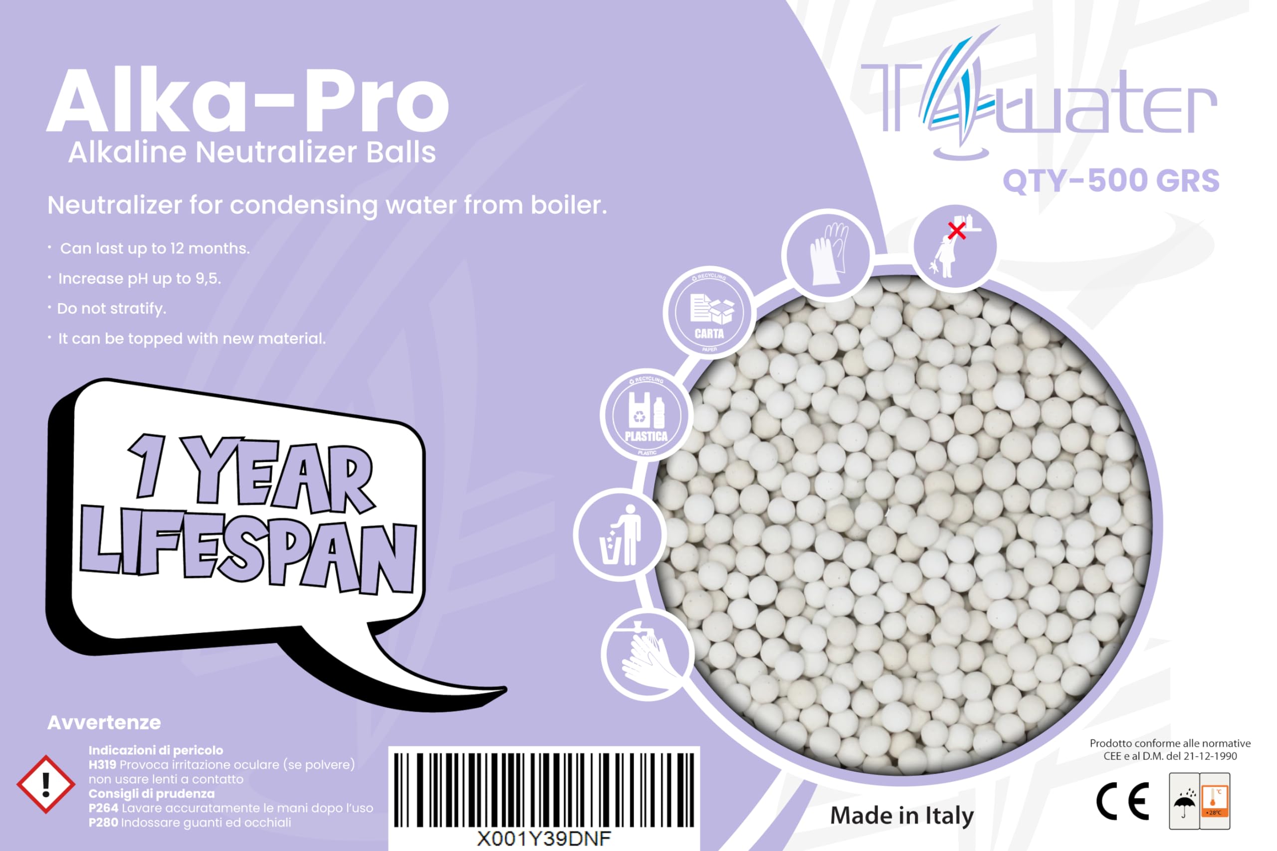 1 Year Life. Alka Pro, Neutralizador granular alcalino para elevar el pH del condensado ácido en calderas de condensación. 500 Gramos. Recarga de granulado cerámico de Alta dureza.